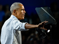 Former President Barack Obama holds a presidential campaign rally for Kamala Harris at The Huntington Place in Detroit, MI, on October 22, 2...