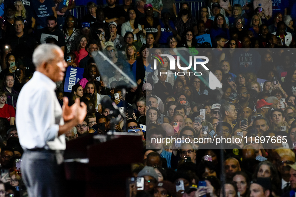 Former President Barack Obama holds a presidential campaign rally for Kamala Harris at The Huntington Place in Detroit, MI, on October 22, 2...