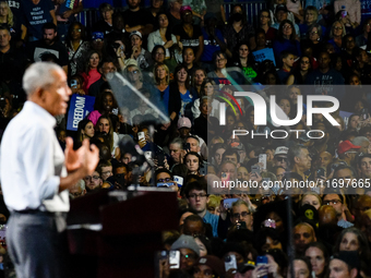 Former President Barack Obama holds a presidential campaign rally for Kamala Harris at The Huntington Place in Detroit, MI, on October 22, 2...