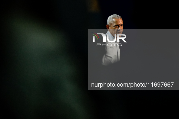 Former President Barack Obama holds a presidential campaign rally for Kamala Harris at The Huntington Place in Detroit, MI, on October 22, 2...