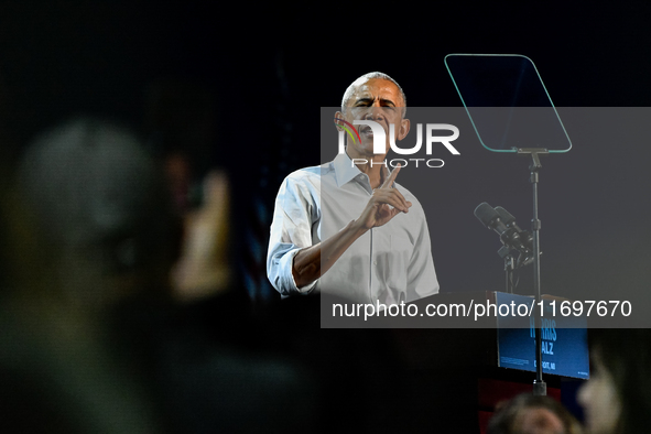 Former President Barack Obama holds a presidential campaign rally for Kamala Harris at The Huntington Place in Detroit, MI, on October 22, 2...