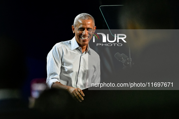 Former President Barack Obama holds a presidential campaign rally for Kamala Harris at The Huntington Place in Detroit, MI, on October 22, 2...