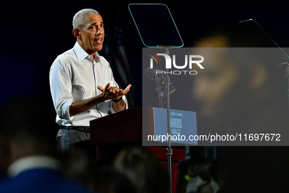 Former President Barack Obama holds a presidential campaign rally for Kamala Harris at The Huntington Place in Detroit, MI, on October 22, 2...