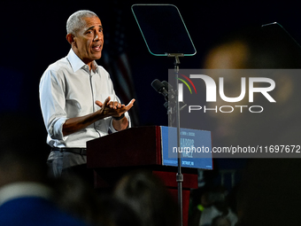 Former President Barack Obama holds a presidential campaign rally for Kamala Harris at The Huntington Place in Detroit, MI, on October 22, 2...