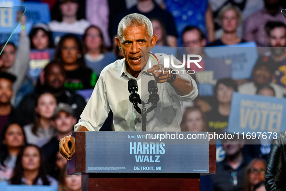 Former President Barack Obama holds a presidential campaign rally for Kamala Harris at The Huntington Place in Detroit, MI, on October 22, 2...