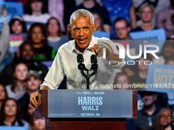 Former President Barack Obama holds a presidential campaign rally for Kamala Harris at The Huntington Place in Detroit, MI, on October 22, 2...