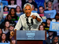 Former President Barack Obama holds a presidential campaign rally for Kamala Harris at The Huntington Place in Detroit, MI, on October 22, 2...