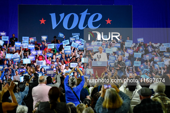 Former President Barack Obama holds a presidential campaign rally for Kamala Harris at The Huntington Place in Detroit, MI, on October 22, 2...