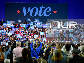 Former President Barack Obama holds a presidential campaign rally for Kamala Harris at The Huntington Place in Detroit, MI, on October 22, 2...