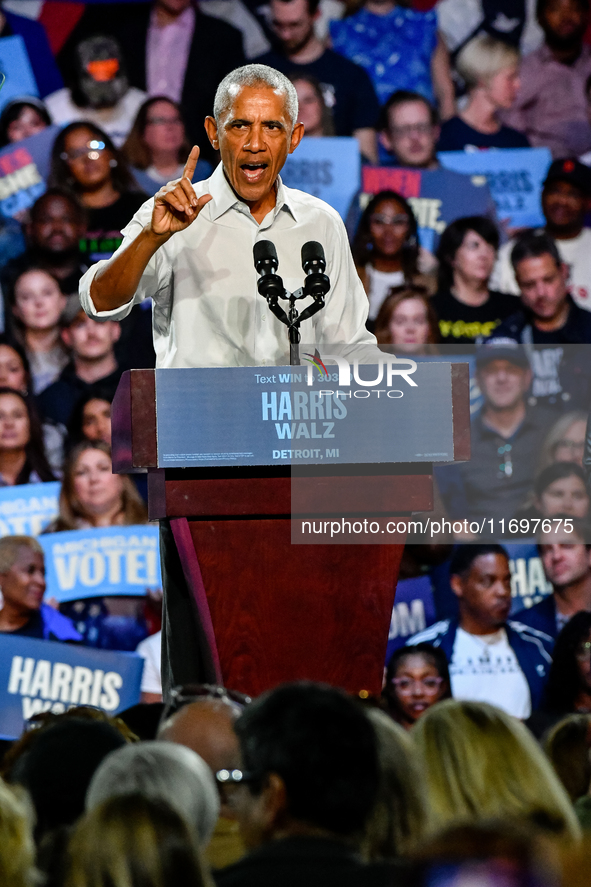 Former President Barack Obama holds a presidential campaign rally for Kamala Harris at The Huntington Place in Detroit, MI, on October 22, 2...