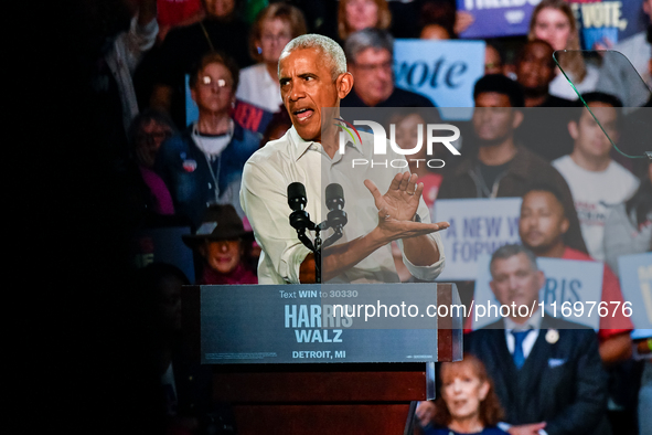 Former President Barack Obama holds a presidential campaign rally for Kamala Harris at The Huntington Place in Detroit, MI, on October 22, 2...