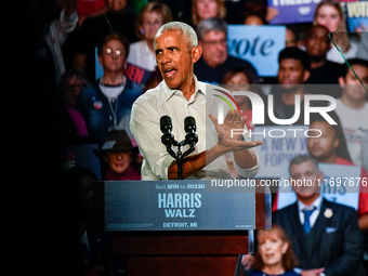 Former President Barack Obama holds a presidential campaign rally for Kamala Harris at The Huntington Place in Detroit, MI, on October 22, 2...