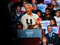 Former President Barack Obama holds a presidential campaign rally for Kamala Harris at The Huntington Place in Detroit, MI, on October 22, 2...