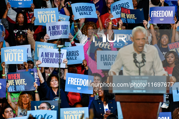 Former President Barack Obama holds a presidential campaign rally for Kamala Harris at The Huntington Place in Detroit, MI, on October 22, 2...