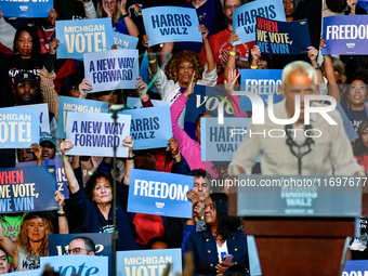 Former President Barack Obama holds a presidential campaign rally for Kamala Harris at The Huntington Place in Detroit, MI, on October 22, 2...