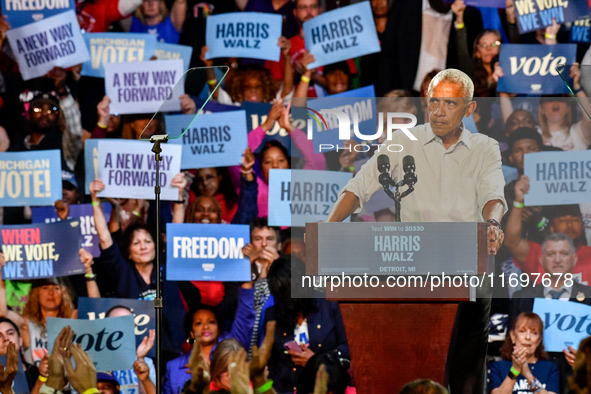 Former President Barack Obama holds a presidential campaign rally for Kamala Harris at The Huntington Place in Detroit, MI, on October 22, 2...