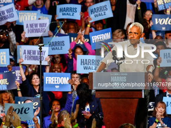 Former President Barack Obama holds a presidential campaign rally for Kamala Harris at The Huntington Place in Detroit, MI, on October 22, 2...