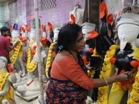 Hindu Goddess Kali is ahead of the Kali Puja Festival in Kumartuli, the potter's village in Kolkata, India, on October 22, 2024. (