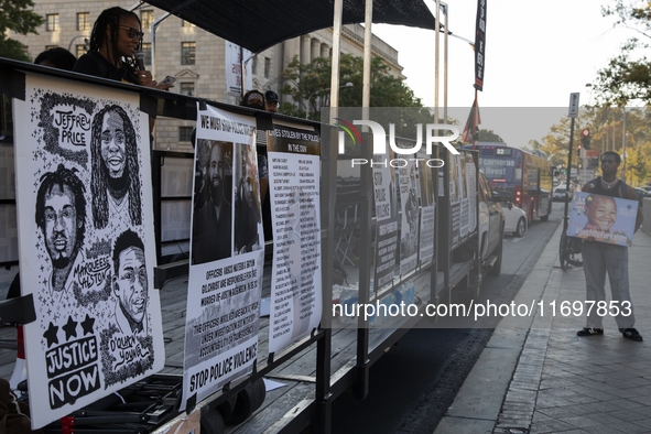 Dozens gather to protest police brutality at the Freedom Plaza in Washington, D.C., United States, on October 22, 2024. Protesters want an e...