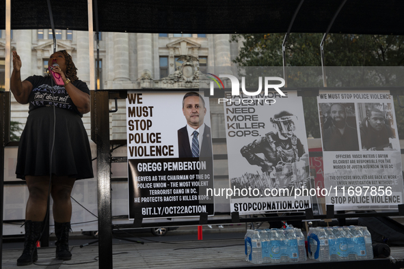 A person chants during the National Day of Protest to Stop Police Brutality in Washington, D.C., United States, on October 22, 2024. Protest...