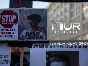 A sign is seen during the National Day of Protest to Stop Police Brutality in Washington, D.C., United States, on October 22, 2024. Proteste...