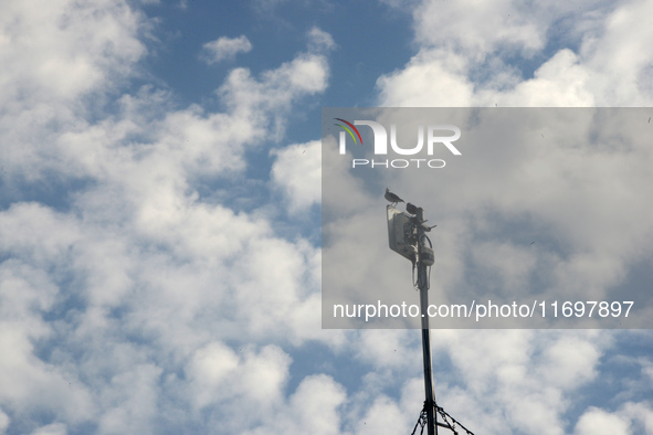 Birds sit on a mobile signal tower as clouds are seen in the sky in Siliguri, India, on October 23, 2024. 