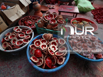 Colorful earthen lamps 'Diyas' are at a roadside shop ahead of the Diwali Festival in Jaipur, Rajasthan, India, on October 23, 2024. (