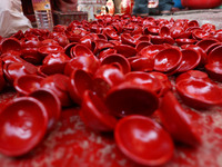 Colorful earthen lamps 'Diyas' are at a roadside shop ahead of the Diwali Festival in Jaipur, Rajasthan, India, on October 23, 2024. (