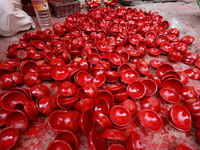 Colorful earthen lamps 'Diyas' are at a roadside shop ahead of the Diwali Festival in Jaipur, Rajasthan, India, on October 23, 2024. (