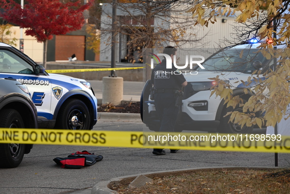 Madison police conduct a death investigation near Hy-Vee on Whitney Way in Madison, Wisconsin, United States, on October 22, 2024. The Madis...