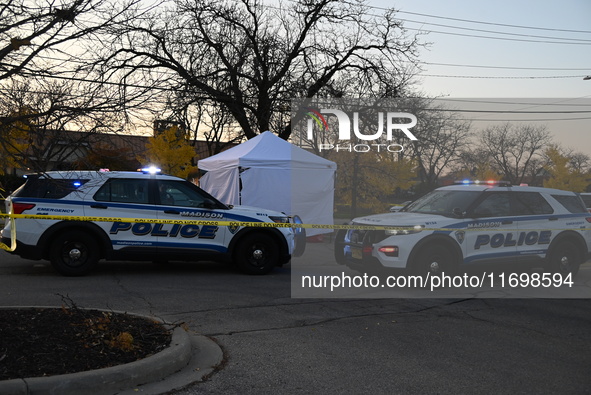 Madison police conduct a death investigation near Hy-Vee on Whitney Way in Madison, Wisconsin, United States, on October 22, 2024. The Madis...