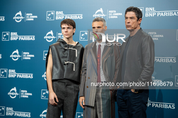 Francesco Gheghi, Mauro Mancini, and Alessandro Gassman attend the ''Mani Nude'' photocall during the 19th Rome Film Festival at Auditorium...