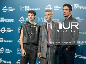 Francesco Gheghi, Mauro Mancini, and Alessandro Gassman attend the ''Mani Nude'' photocall during the 19th Rome Film Festival at Auditorium...