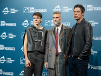 Francesco Gheghi, Mauro Mancini, and Alessandro Gassman attend the ''Mani Nude'' photocall during the 19th Rome Film Festival at Auditorium...