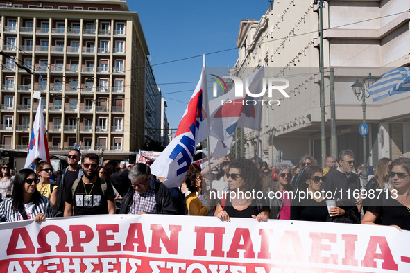 Teachers and educators hold a protest rally during a 24-hour strike called by the Teachers' Federation of Greece (DOE) and the Federation of...