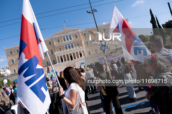 Teachers and educators hold a protest rally during a 24-hour strike called by the Teachers' Federation of Greece (DOE) and the Federation of...