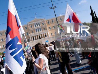 Teachers and educators hold a protest rally during a 24-hour strike called by the Teachers' Federation of Greece (DOE) and the Federation of...