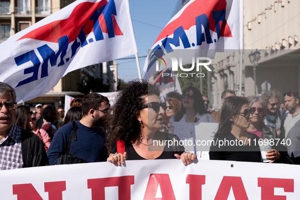 Teachers and educators hold a protest rally during a 24-hour strike called by the Teachers' Federation of Greece (DOE) and the Federation of...