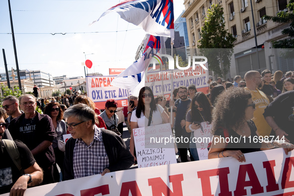 Teachers and educators hold a protest rally during a 24-hour strike called by the Teachers' Federation of Greece (DOE) and the Federation of...