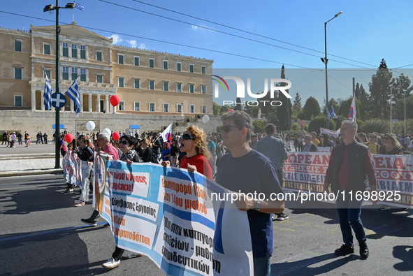 Kindergarten and primary school teachers march in front of the Greek Parliament demanding salary increases in Athens, Greece, on October 23,...