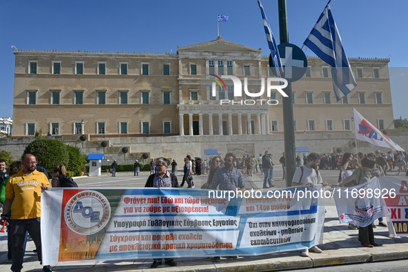 Kindergarten and primary school teachers protest in front of the Greek Parliament demanding salary increases in Athens, Greece, on October 2...