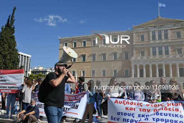 Kindergarten and primary school teachers protest in front of the Greek Parliament demanding salary increases in Athens, Greece, on October 2...