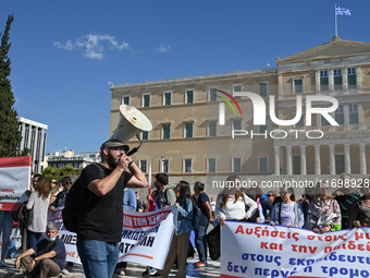 Kindergarten and primary school teachers protest in front of the Greek Parliament demanding salary increases in Athens, Greece, on October 2...