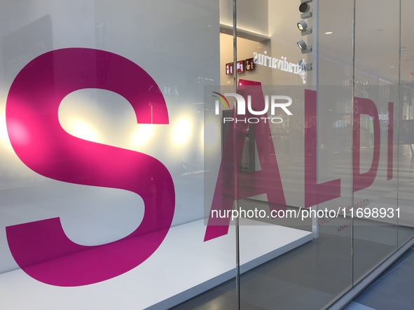 'Sale' is written in large red letters on a store window in Foggia, Italy, on February 4, 2024. 