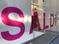 'Sale' is written in large red letters on a store window in Foggia, Italy, on February 4, 2024. (