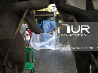 Workers cover idols of the Hindu goddess Kali with a plastic sheet ahead of Cyclone Dana in Kolkata, India, on October 23, 2024. The Regiona...