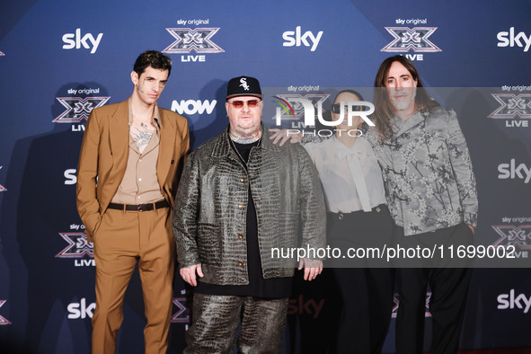 Achille Lauro, Jake La Furia, Paola Iezzi, and Manuel Agnelli attend the photocall for the press conference of X Factor at Teatro Repower in...