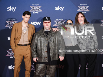 Achille Lauro, Jake La Furia, Paola Iezzi, and Manuel Agnelli attend the photocall for the press conference of X Factor at Teatro Repower in...