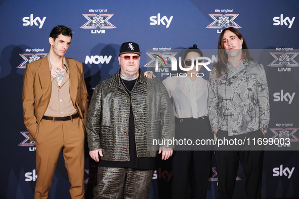 Achille Lauro, Jake La Furia, Paola Iezzi, and Manuel Agnelli attend the photocall for the press conference of X Factor at Teatro Repower in...