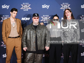 Achille Lauro, Jake La Furia, Paola Iezzi, and Manuel Agnelli attend the photocall for the press conference of X Factor at Teatro Repower in...